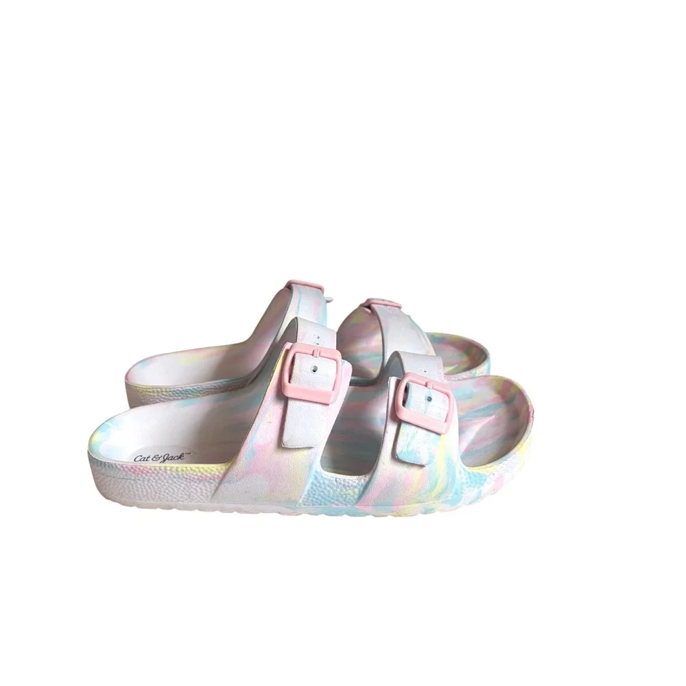 Cat & Jack Girls Pastel Marble Double Strap Slide Sandals Pink Blue Size 5